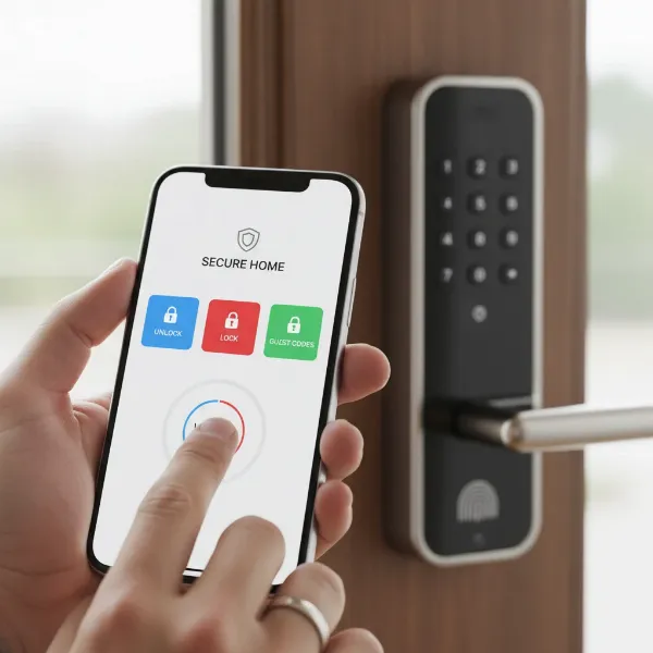 A person's hand interacting with a smartphone app to control a smart door lock, with icons representing various features like fingerprint, keypad, and remote access.