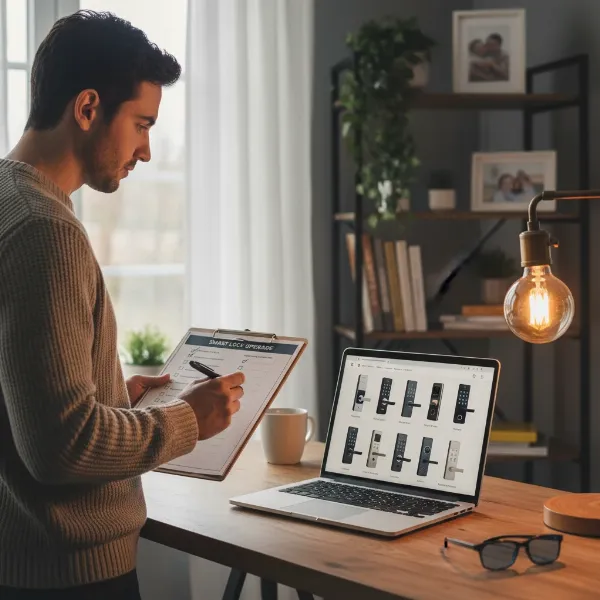A homeowner thoughtfully selecting a smart door lock, surrounded by informational elements and a checklist