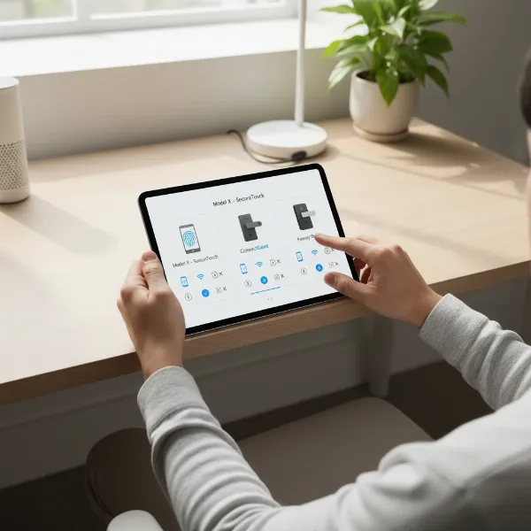 A person comparing features on various smart door lock options on a tablet, with a visual overlay highlighting key family-friendly features like fingerprint, app control, and auto-lock.