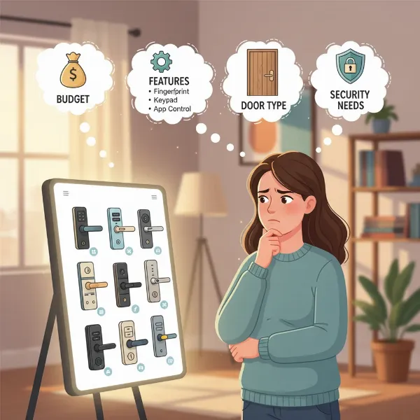 A person thoughtfully selecting a smart door lock, surrounded by decision-making factors like features, budget, and door type.