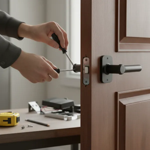 A pair of hands carefully installing a smart door lock on a partially disassembled wooden door, with a screwdriver and other tools laid out, depicting a clear, step-by-step DIY installation process. Bright, focused lighting, realistic photo.