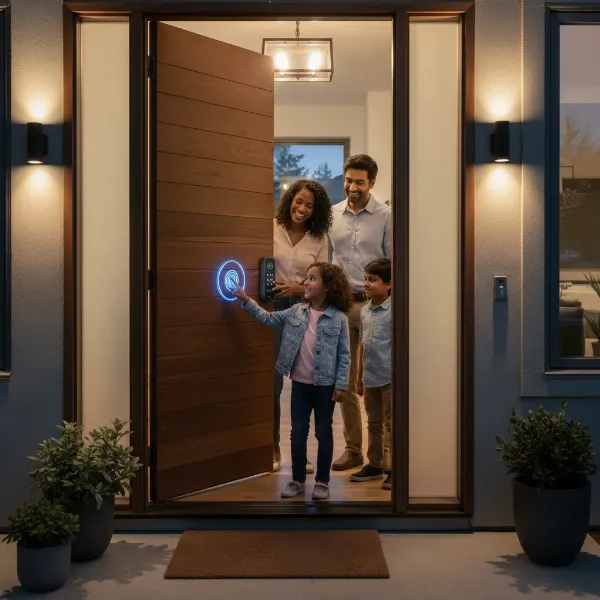 A modern smart door lock installed on a front door, showing a family entering with ease, emphasizing convenience and security.