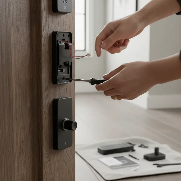 Hands installing a smart door lock on a modern wooden door, with tools laid out, showing the step-by-step process.