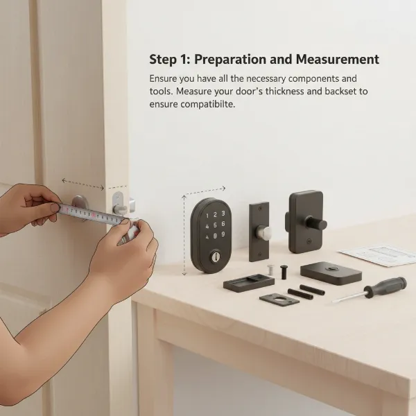 An illustrative image of a person installing a smart door lock on a modern wooden door, with tools laid out and a step-by-step graphic overlay.