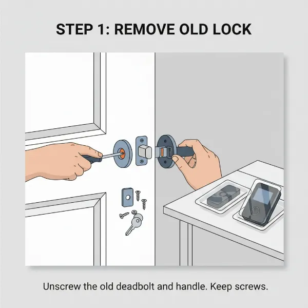 A step-by-step visual of smart door lock installation, showcasing tools and key stages for a DIY enthusiast.