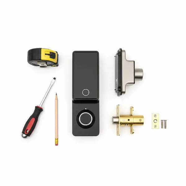 Essential tools laid out for smart door lock installation, including screwdrivers, tape measure, and the lock components
