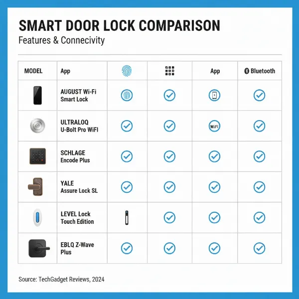 An illustrative graphic featuring diverse smart door lock models in a comparative table format, highlighting features like unlocking methods, connectivity, and design variations.