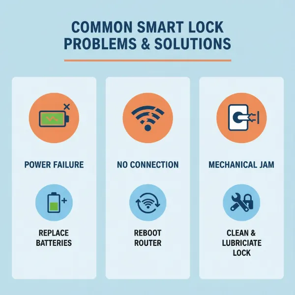 An infographic style image detailing common smart door lock issues like low battery, connectivity loss, and jammed mechanisms, with simple visual solutions.