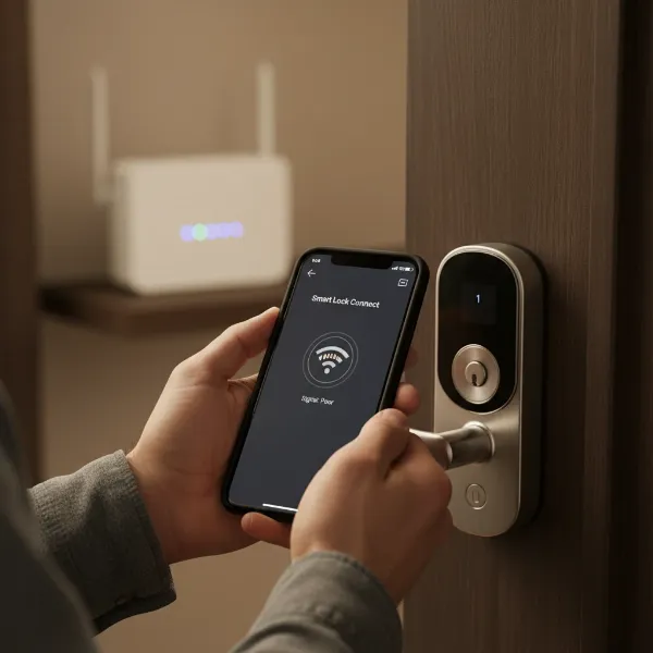 A person troubleshooting a smart door lock, checking Wi-Fi signal on a smartphone with a router in the background