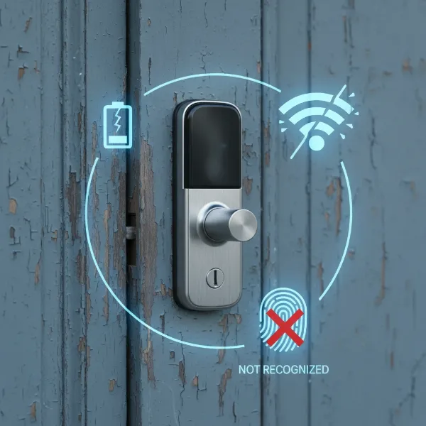 Smart door lock experiencing common problems like low battery or connectivity issues, with troubleshooting icons
