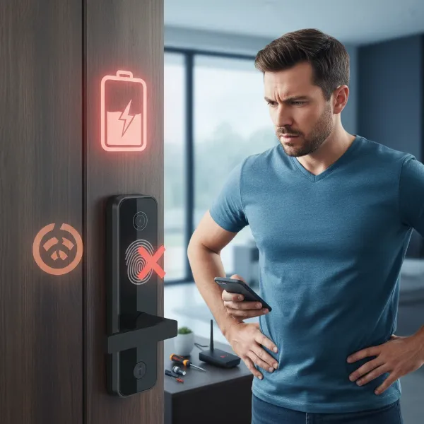 A person troubleshooting a smart door lock, representing common problems like battery issues or connectivity problems.