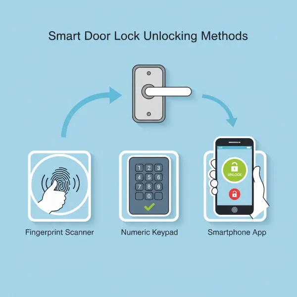 Various smart lock unlocking methods like fingerprint, keypad, and smartphone app displayed in an infographic style.