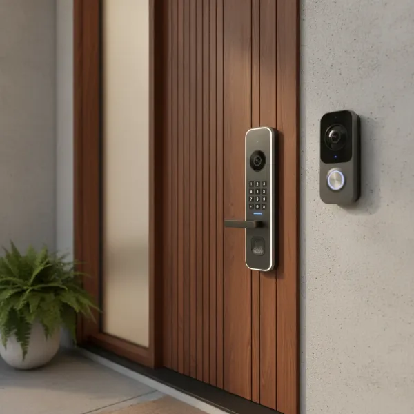 A modern smart door lock with an integrated camera next to a separate smart doorbell camera on a stylized home entry. Both devices showcase sleek designs, focusing on their respective functionalities with clear visual distinctions for monitoring and access control. 