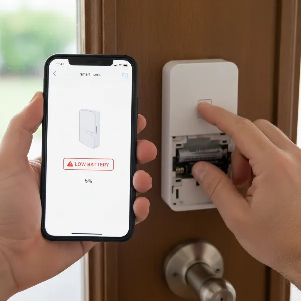 A person troubleshooting a smart door lock, checking the battery and app on a smartphone